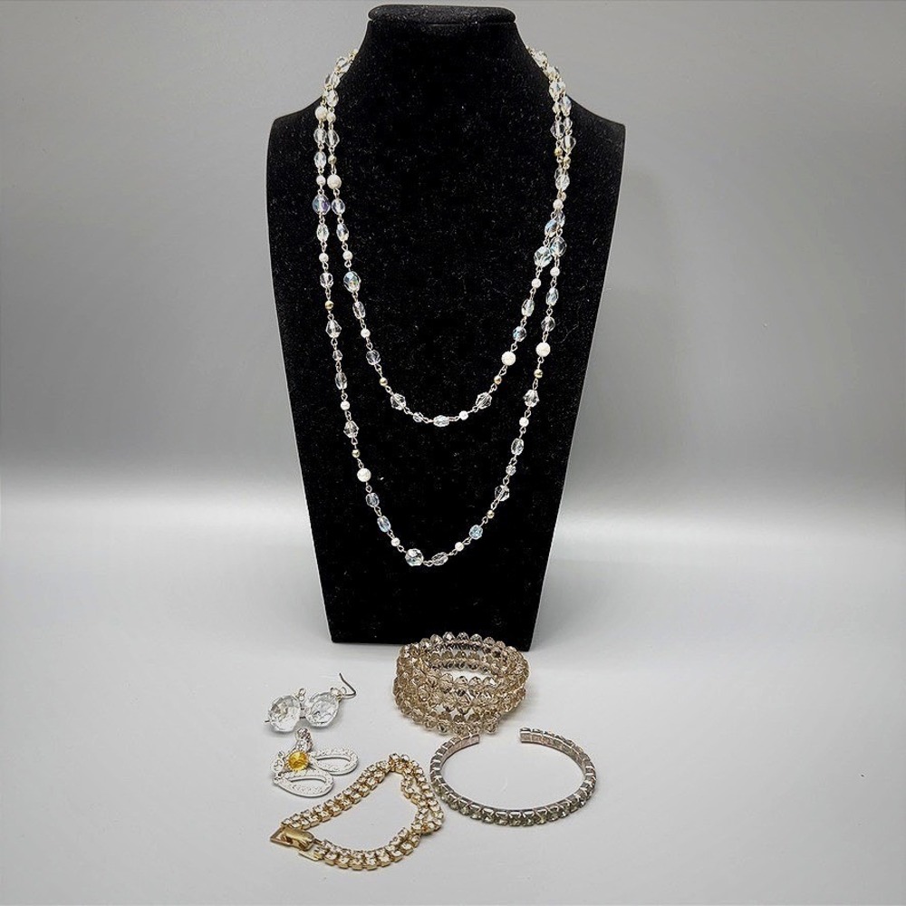 Clear Crystal Rhinestone Jewelry Lot 6pc‎ Necklaces Bracelets Earrings READ